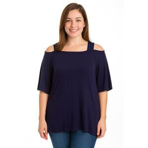 Belle by Kim Gravel Women's Navy Open Shoulder Sequin Trim Top - Size Medium